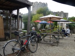 Fish finger sandwich lunch with view of Chepstow castle